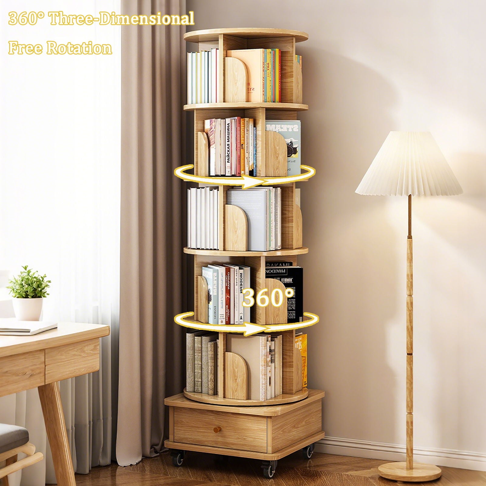 Rotating Bookshelf With Wheels And Drawer, 360° Spinning Design, Space Saving Storage