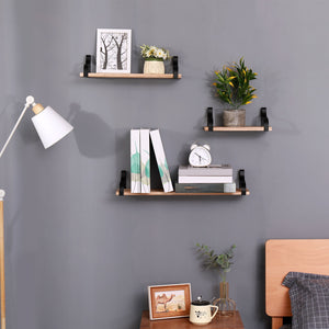 Floating Shelves, Long Wall Shelves (Set of 3), Wall Mounted Shelves & Brackets For Bedroom - Natural Wood