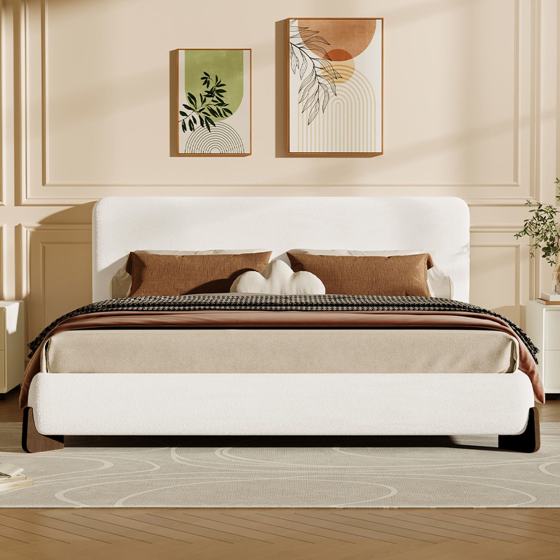Elegant Boucle Upholstered Bed With Solid Wood Legs