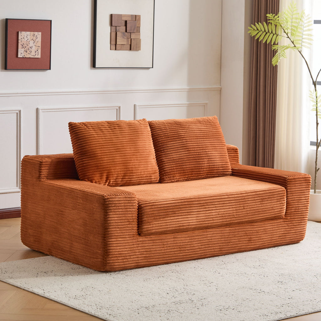 Loveseat Sofa, Comfortable Deep Seat Sofa Bed, Modern Small Corduroy Couch For Living Room Bedroom,Reversible Cushion With Pillows,No Assembly Required,Orange