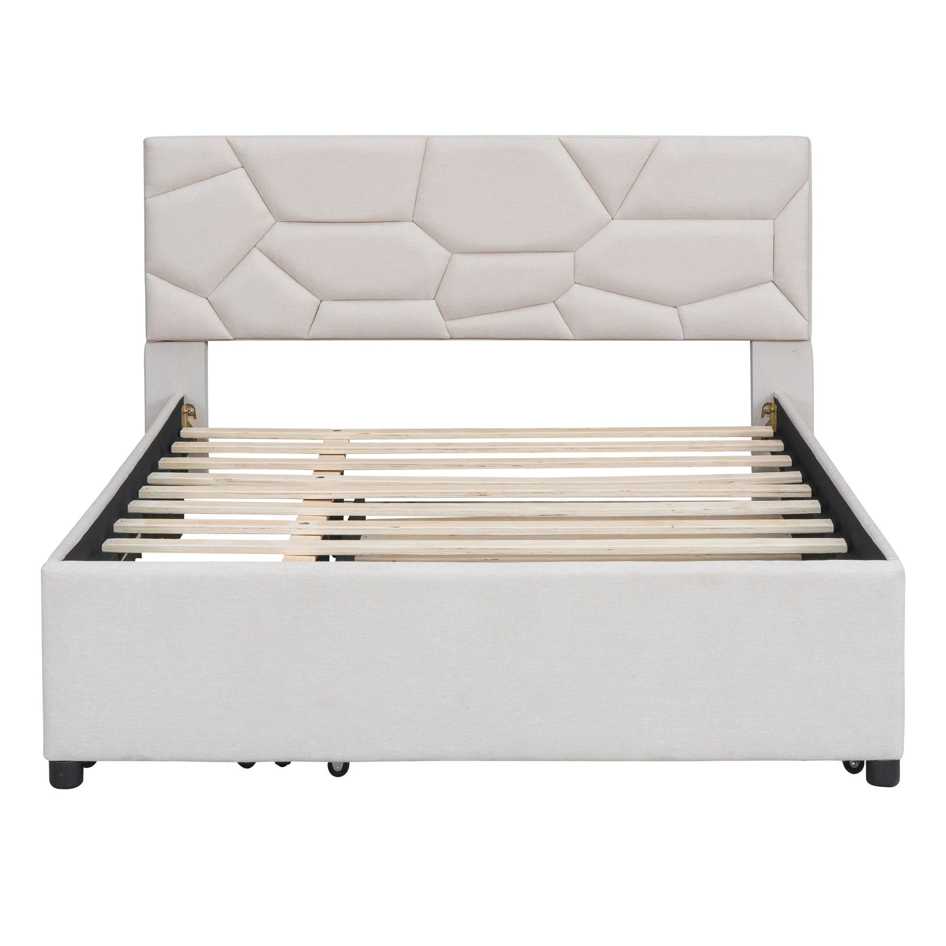 Upholstered Platform Bed With Brick Pattern Headboard And Twin Long Size Trundle