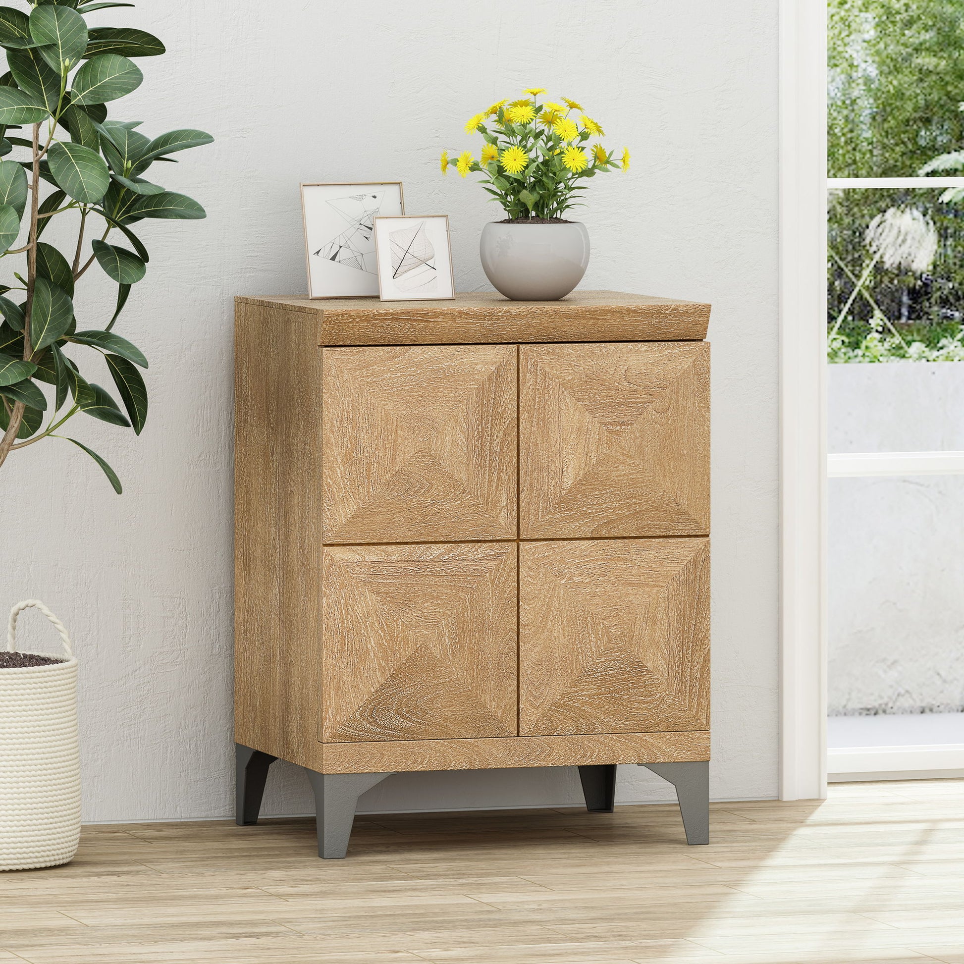 Boho Handcrafted Mango Wood Storage Cabinet With Iron Legs - Sandblasted Oak