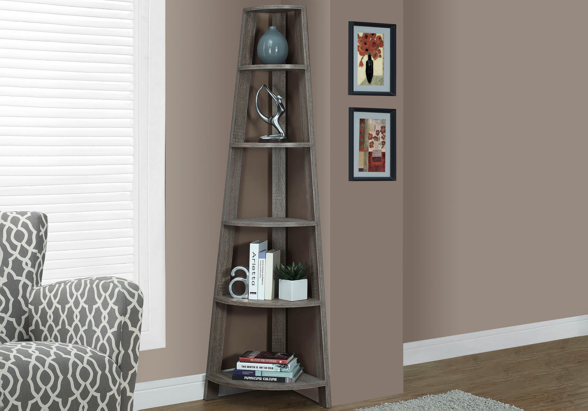 Bookshelf, Bookcase, Etagere, Corner, 5 Tier, For Office, Contemporary & Modern - Taupe