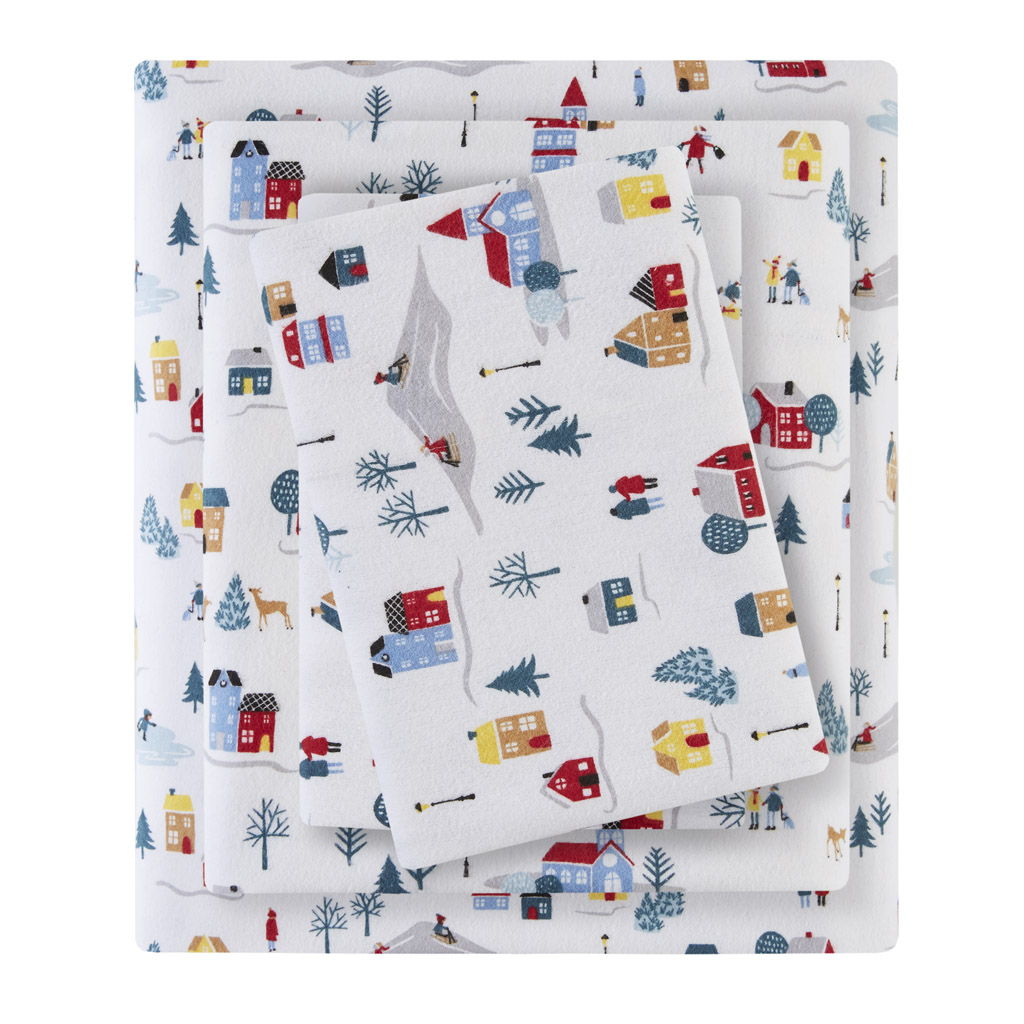 Cozy Flannel - 4 Piece King Printed Sheet Set - White Village Print