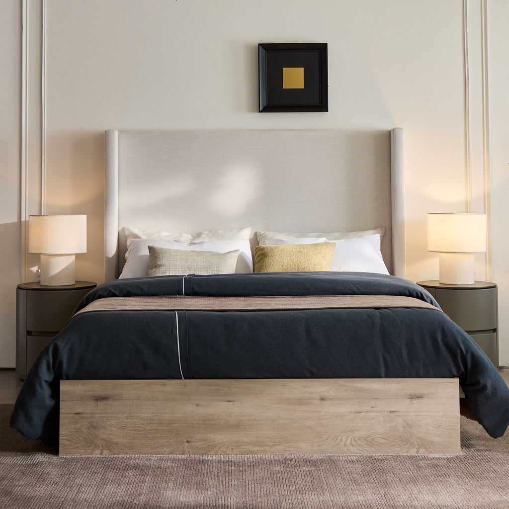 Shelton - Queen Upholstered Wingback Bed With 54" High Headboard - Ivory / Light Gray / Camel Oak