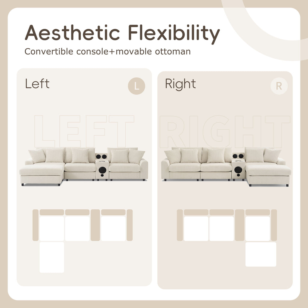 Sectional With Bluetooth Speakers L Shaped Couch With Console USB Charger, Cup Holders Storage Ottoman Deep And Wide Seat Cloud Sofa