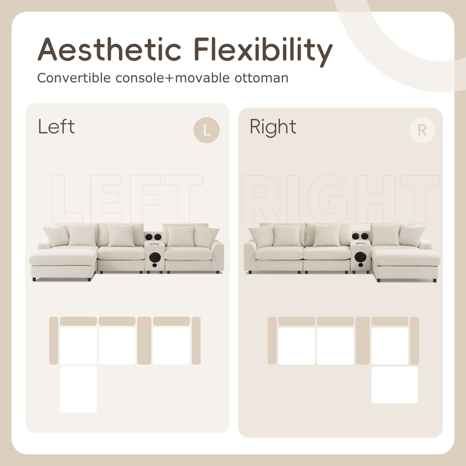 Sectional With Bluetooth Speakers L Shaped Couch With Console USB Charger, Cup Holders Storage Ottoman Deep And Wide Seat Cloud Sofa