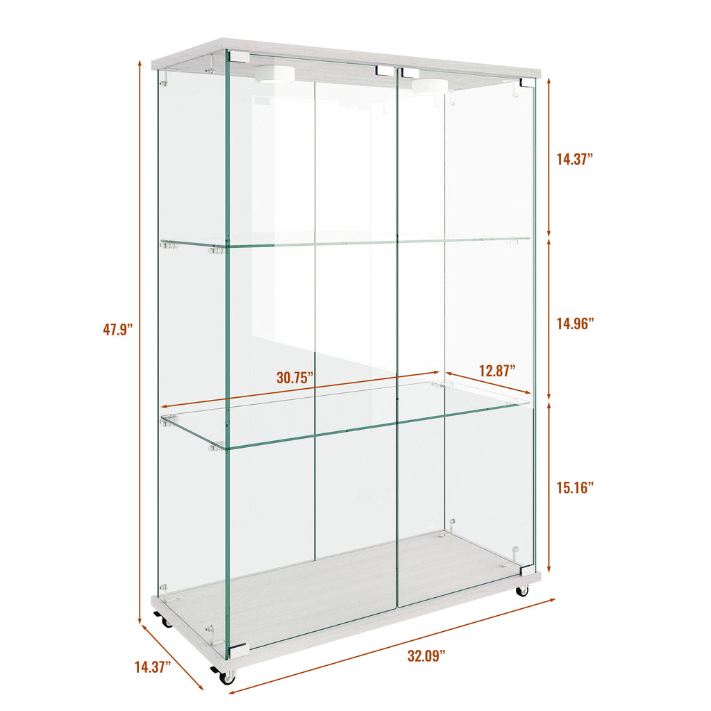 Modern Display Cabinet With LED Lights, Transparent Tempered Glass 2 Door Storage Case With 3 Shelves