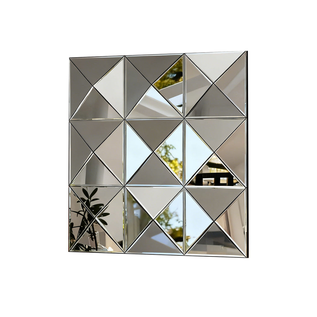 3D Beveled Wall Mirror With Frame, Large Square Design For Living Room - Silver