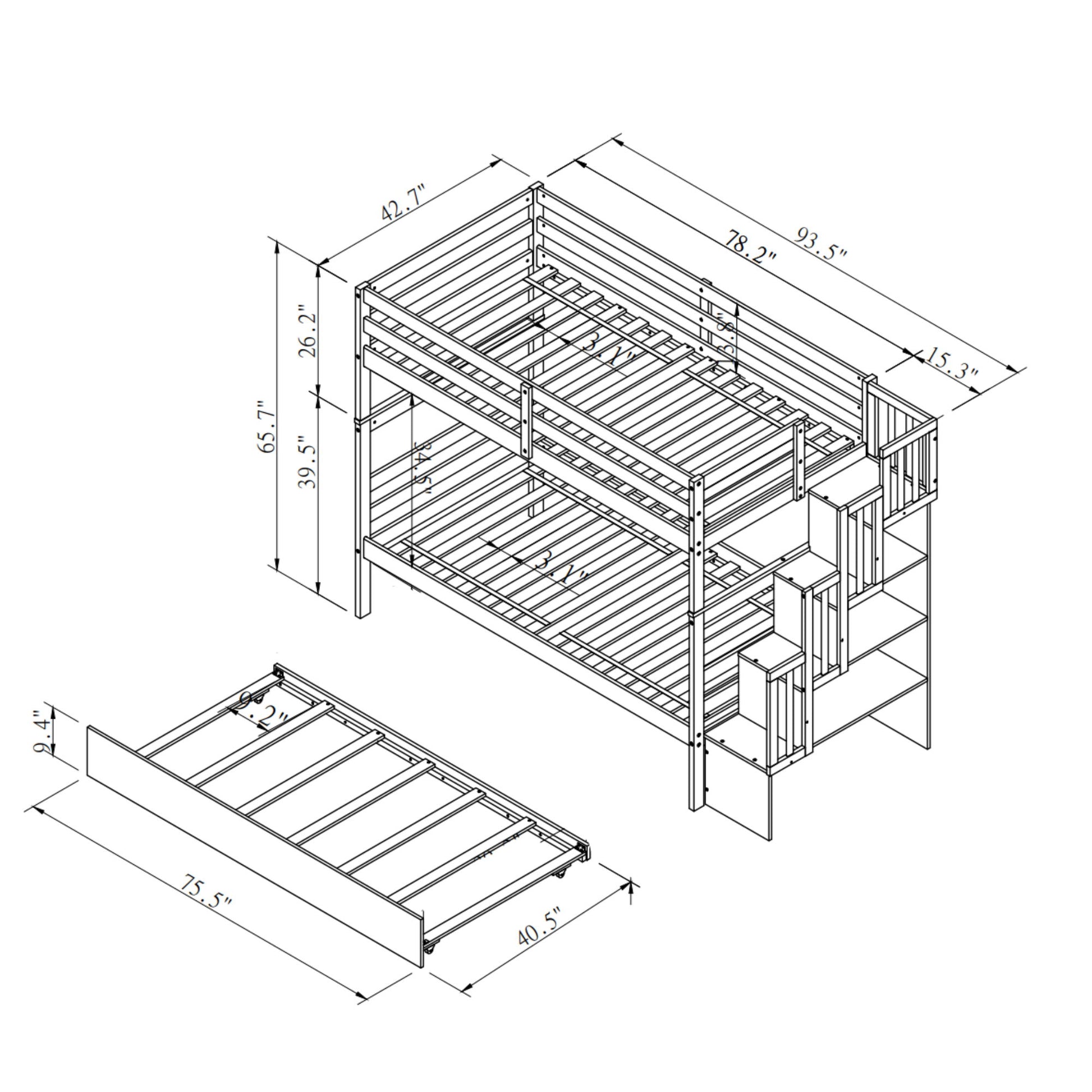 Twin Over Twin Bunk Beds With Twin Trundle And Stairway Storage Function