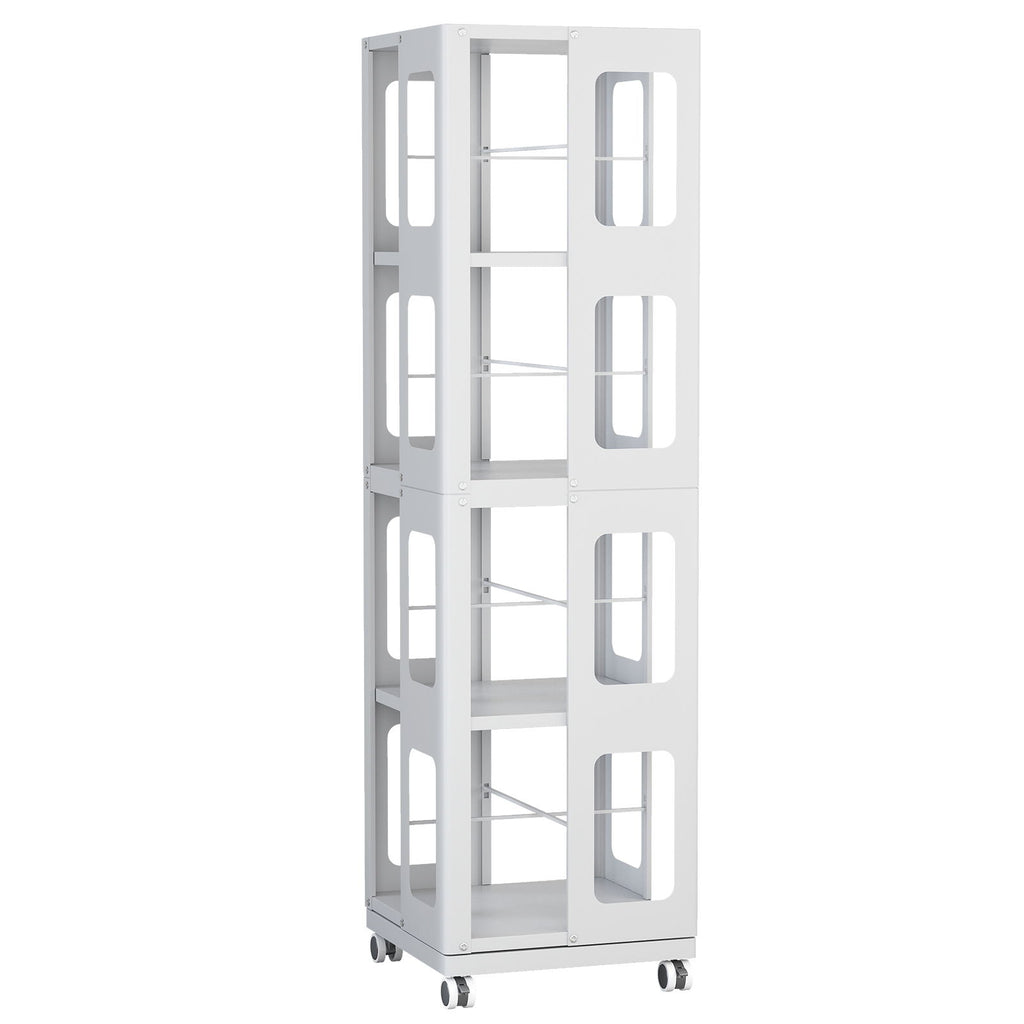 4 Tier All Steel Rotating Bookshelf With 360° Wheels, Large Size Sturdy & Spacious Book Rack, New Style Bookshelf - White