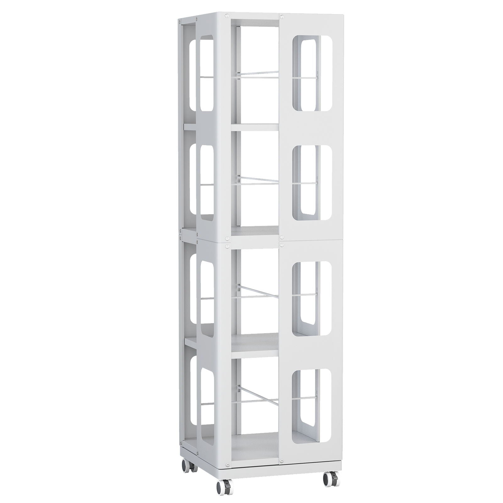 4 Tier All Steel Rotating Bookshelf With 360° Wheels, Large Size Sturdy & Spacious Book Rack, New Style Bookshelf - White