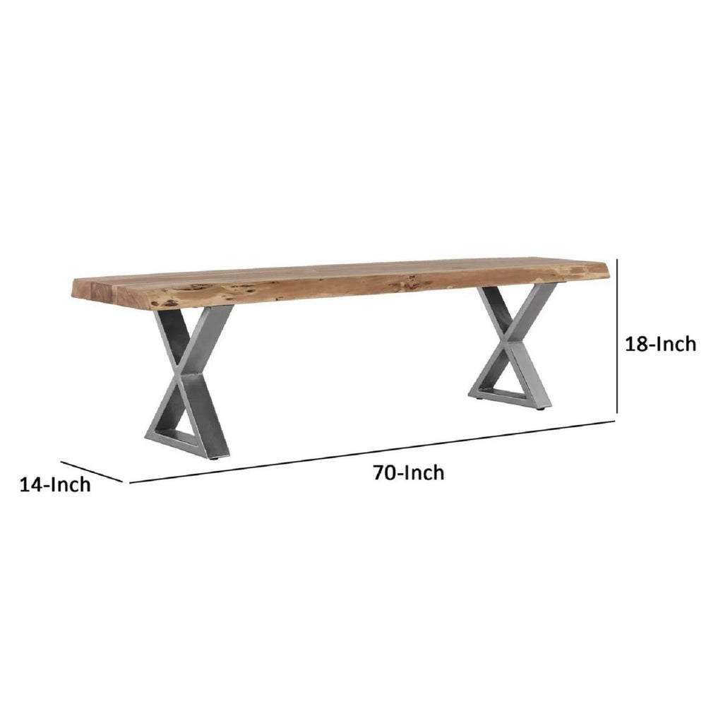 Farmhouse Design Acacia Wood Dining Bench With X Shaped Metal Legs - Brown / Chrome