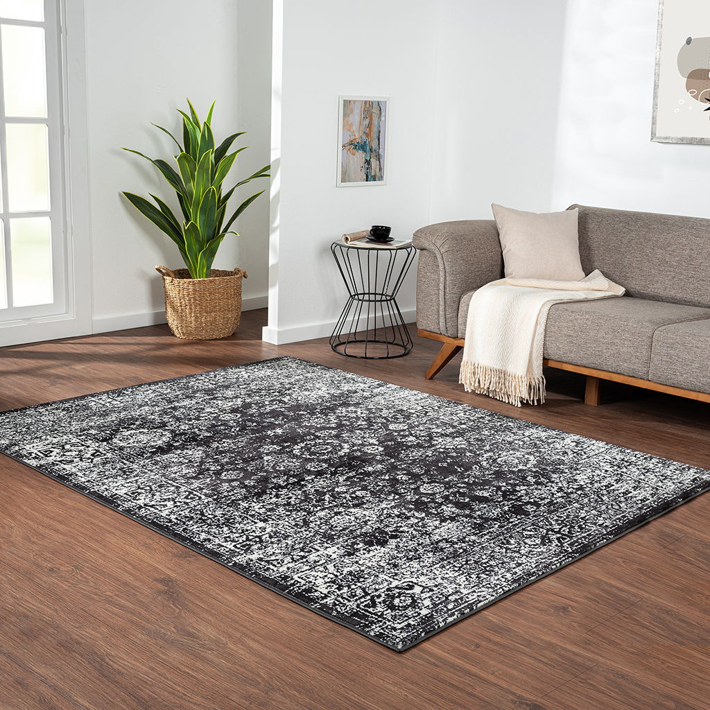 Chadwick - 8' x 10' Distressed Vintage Persian Woven Area Rug - Black / Cream