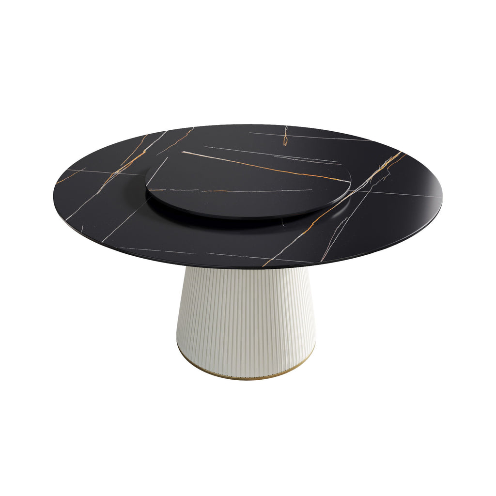 Modern Artificial Stone Round Plywood Base Dining Table, Can Accommodate 8 People Artificial Stone Turntable (Not Including Chairs) - Black / Beige