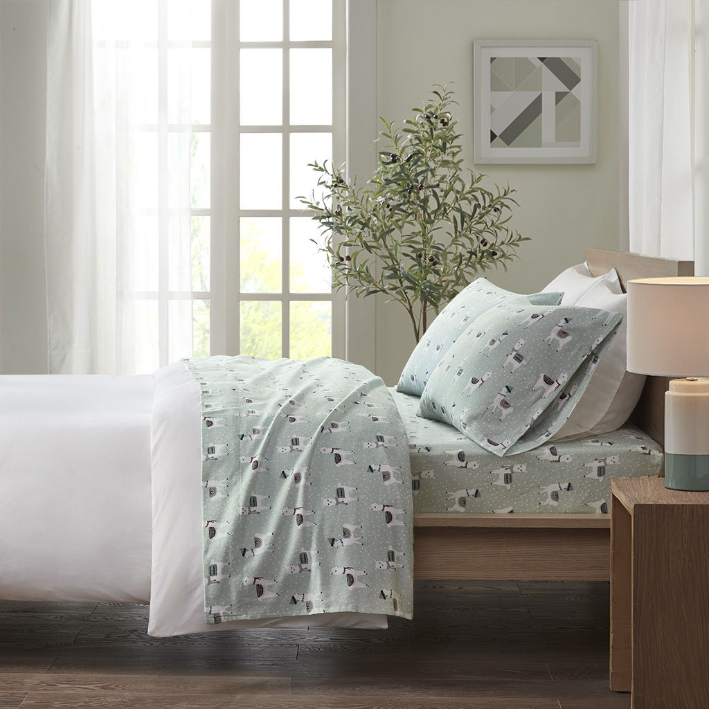 Cozy Flannel - King Printed Sheet Set - Seafoam Llama