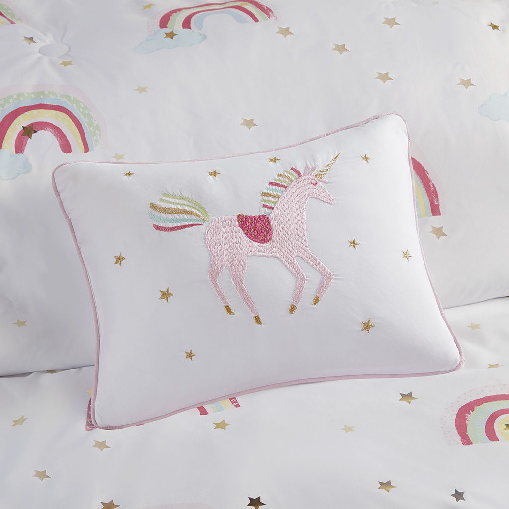 Alicia - Twin Rainbow And Metallic Stars Comforter Set With Bed Sheets - White