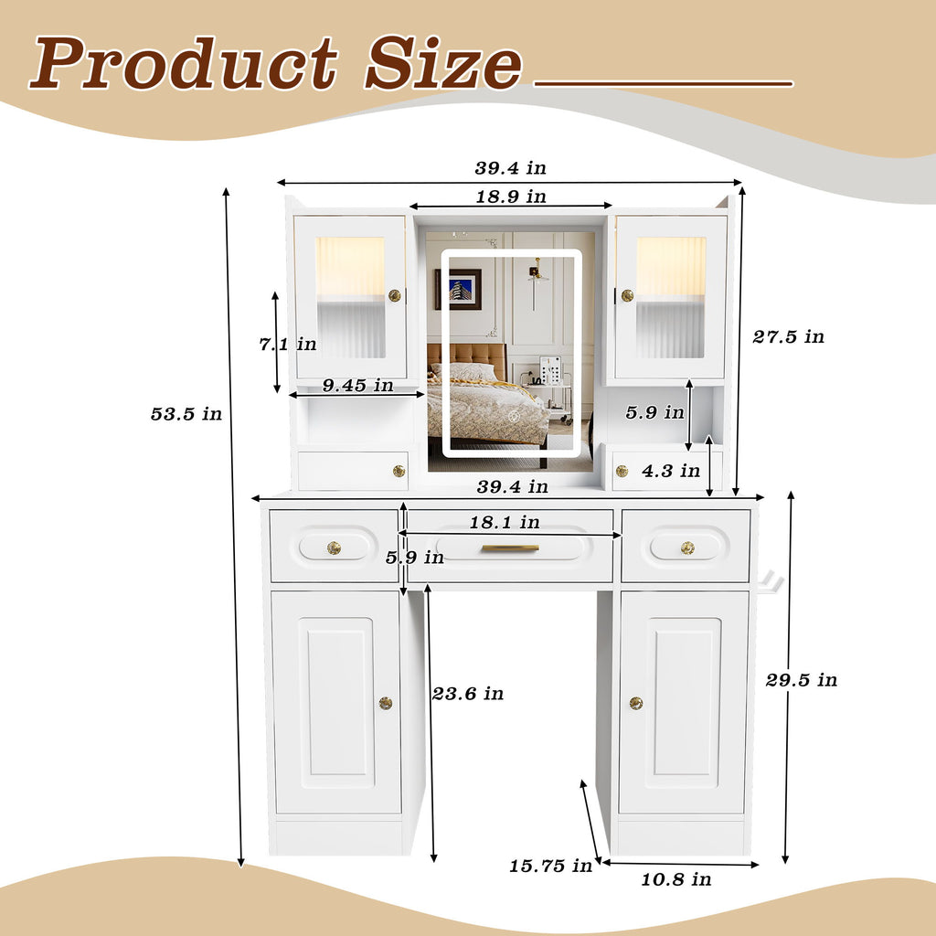 Large Vanity Table Set With Mirror, 6 Drawers & Shelves, Power Socket, Hair Dryer Holder, Cabinet Light, Dressing Desk - White