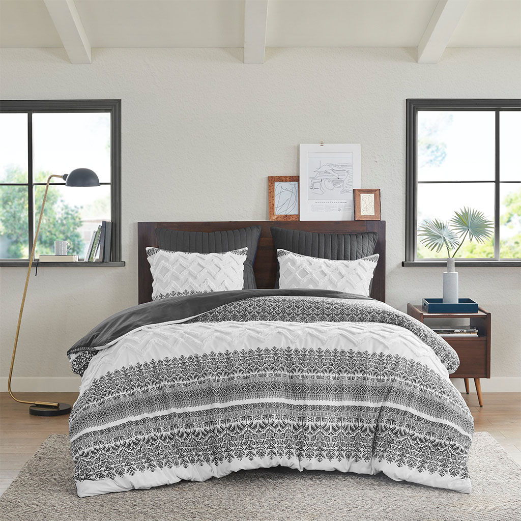 Mila - King 3 Piece Duvet Cover Set With Tufting - Gray