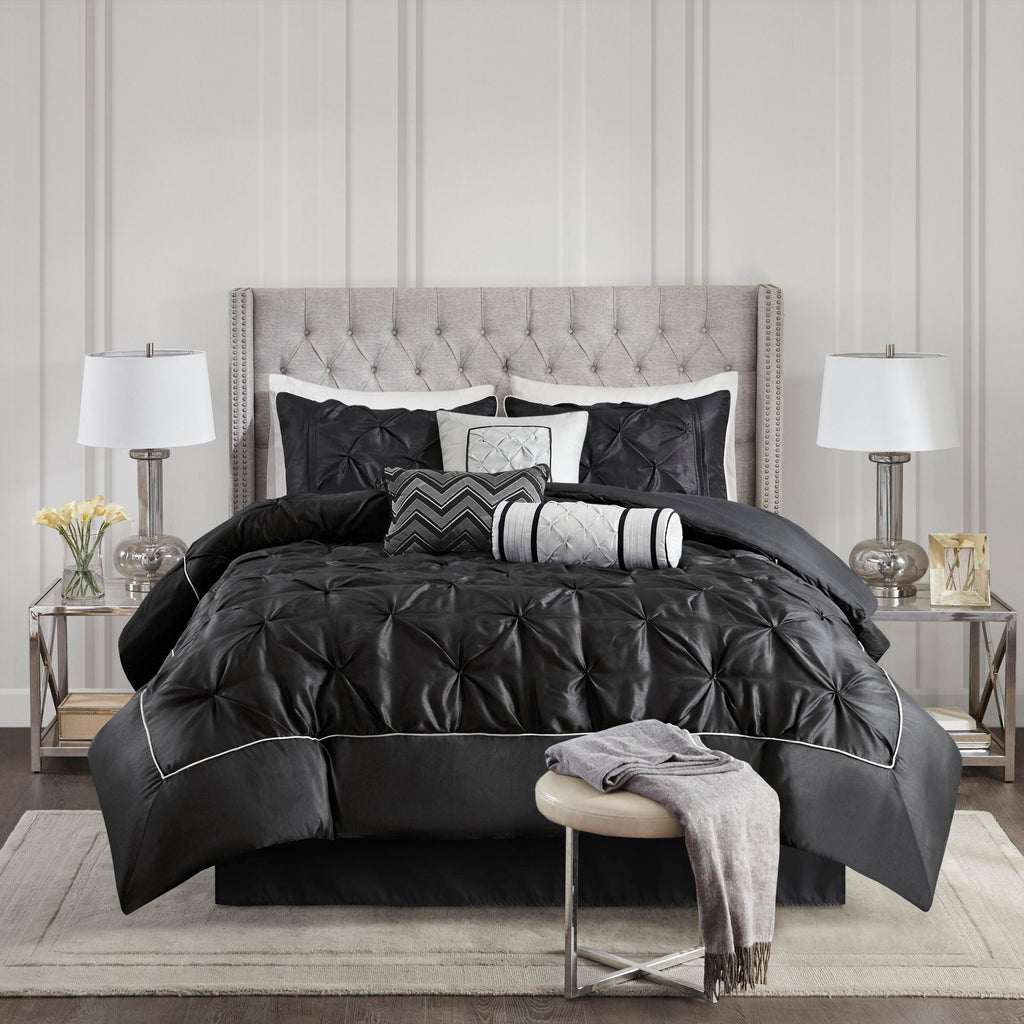 Laurel - Queen Pieced Pleated 7 Piece Tufted Comforter Set - Black