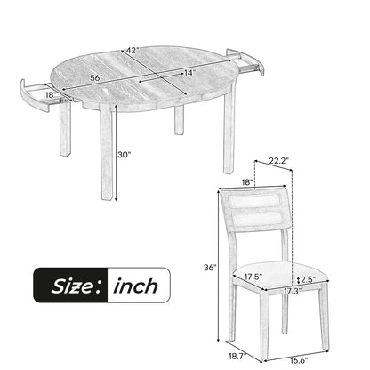 Multifunctional Dining Table Set, Farmhouse Dining Set With Extendable Round Table, Two Small Drawers And 4 Upholstered Dining Chairs For Kitchen And Dining Room