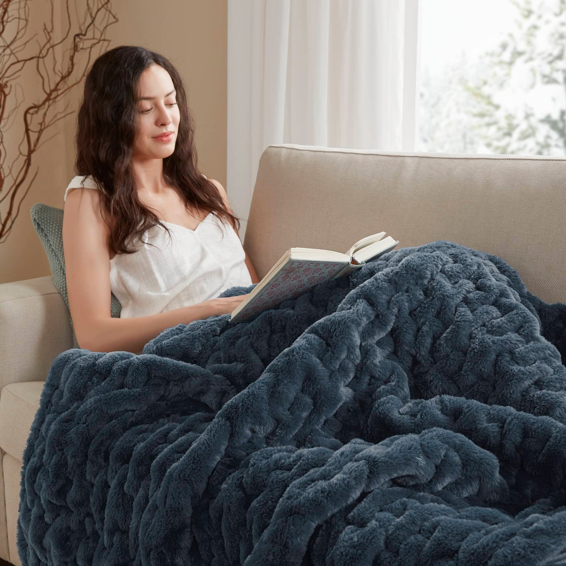Ruched Fur - Throw - Slate Blue