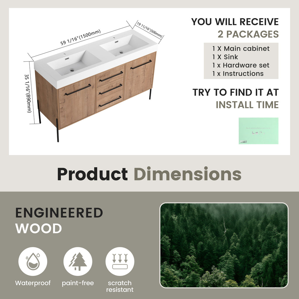 60" Freestanding Bathroom Vanity With Double Sink, Soft Close Doors, 3 Drawers - Imitative Oak