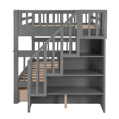 Stairway Bunk Bed With Drawer, Storage And Guard Rail For Bedroom