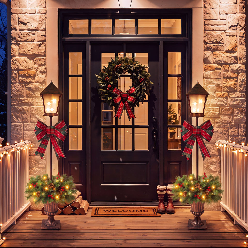 Christmas Lamp Post Decor With Plaid Bow, Artificial Outdoor Holiday Decor (Set of 2) - Brown / Bronze / Green