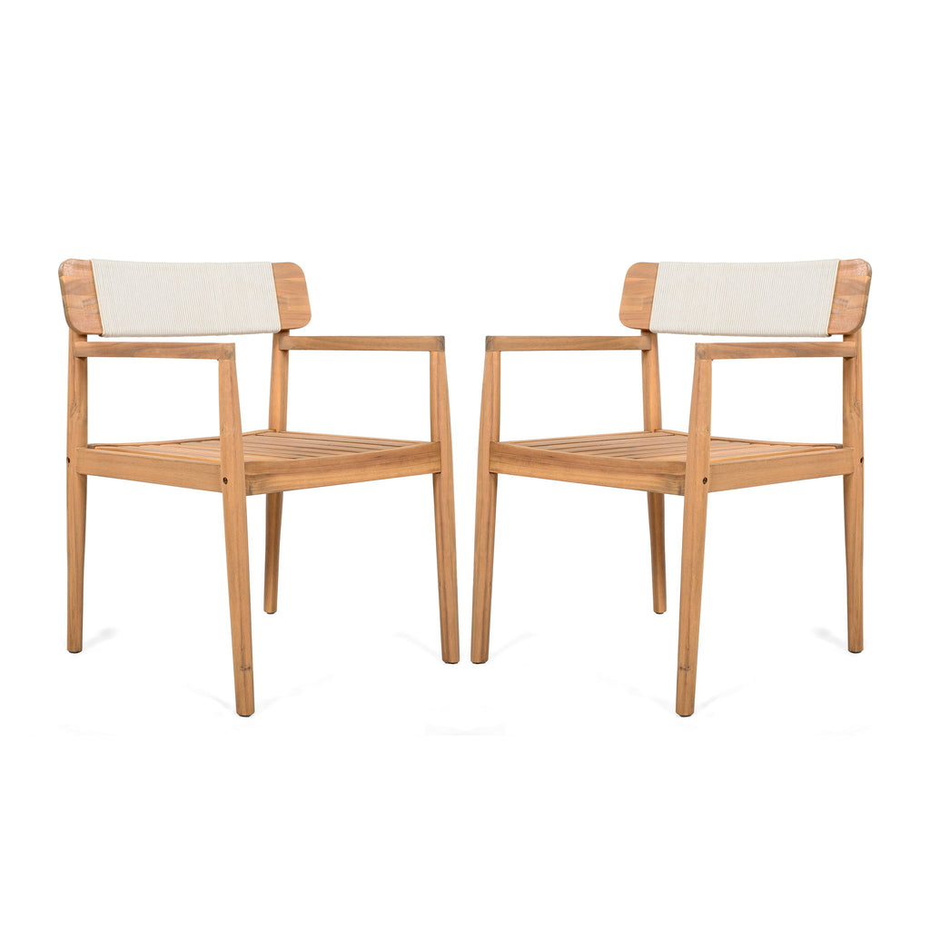 Creative Braided Acacia Wood Outdoor Dining Table And Chairs With Armrests (Set of 2) - Teak / White