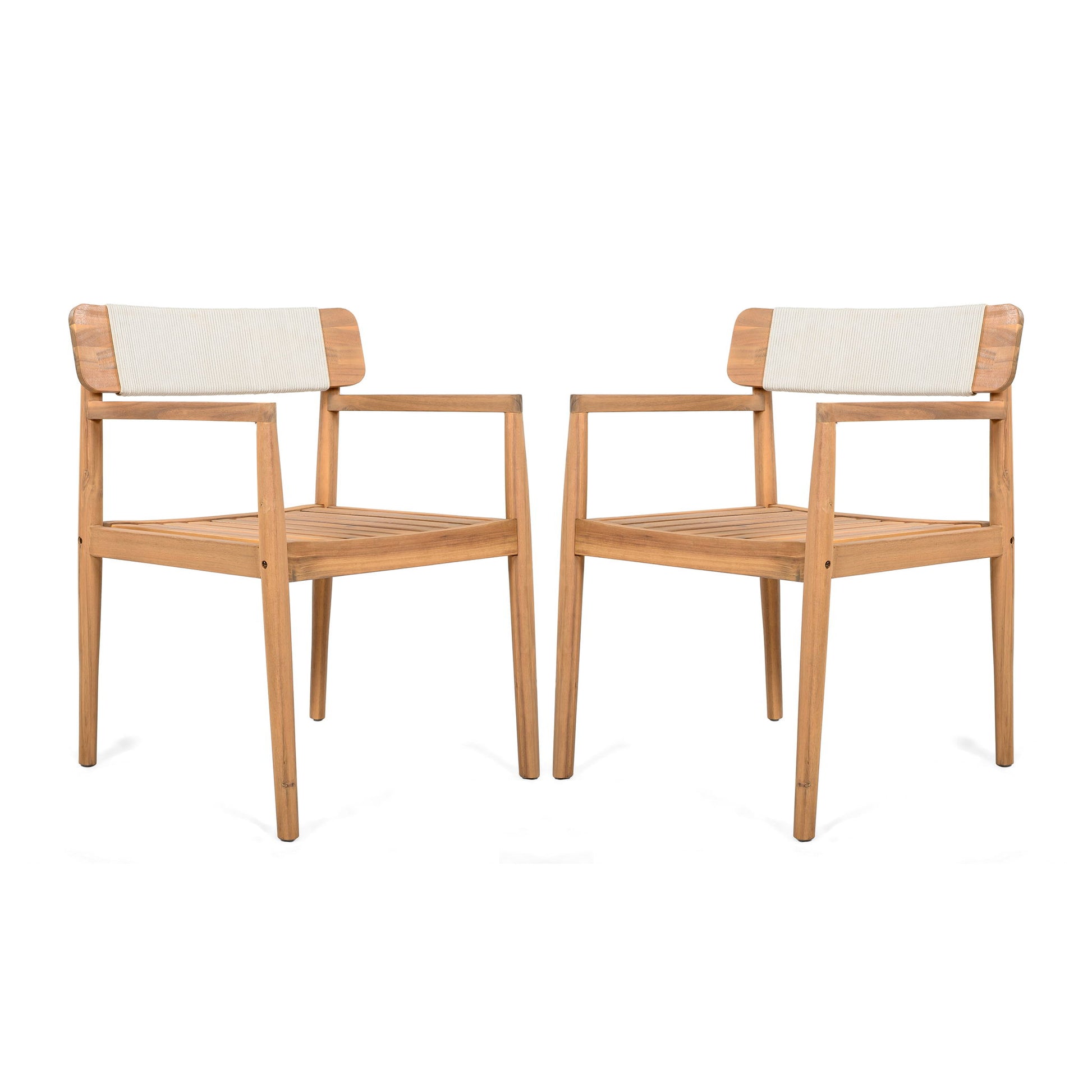 Creative Braided Acacia Wood Outdoor Dining Table And Chairs With Armrests (Set of 2) - Teak / White