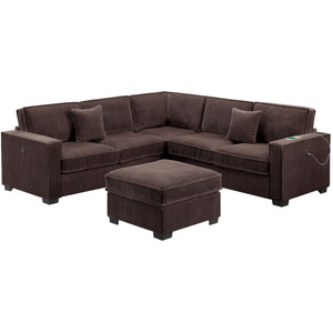 4 Piece Sectional Set With USB Ports, Left Arm Facing / Right Arm Facing Loveseat, Corner Wedge, Cocktail Ottoman, 2 Pillows - Chocolate