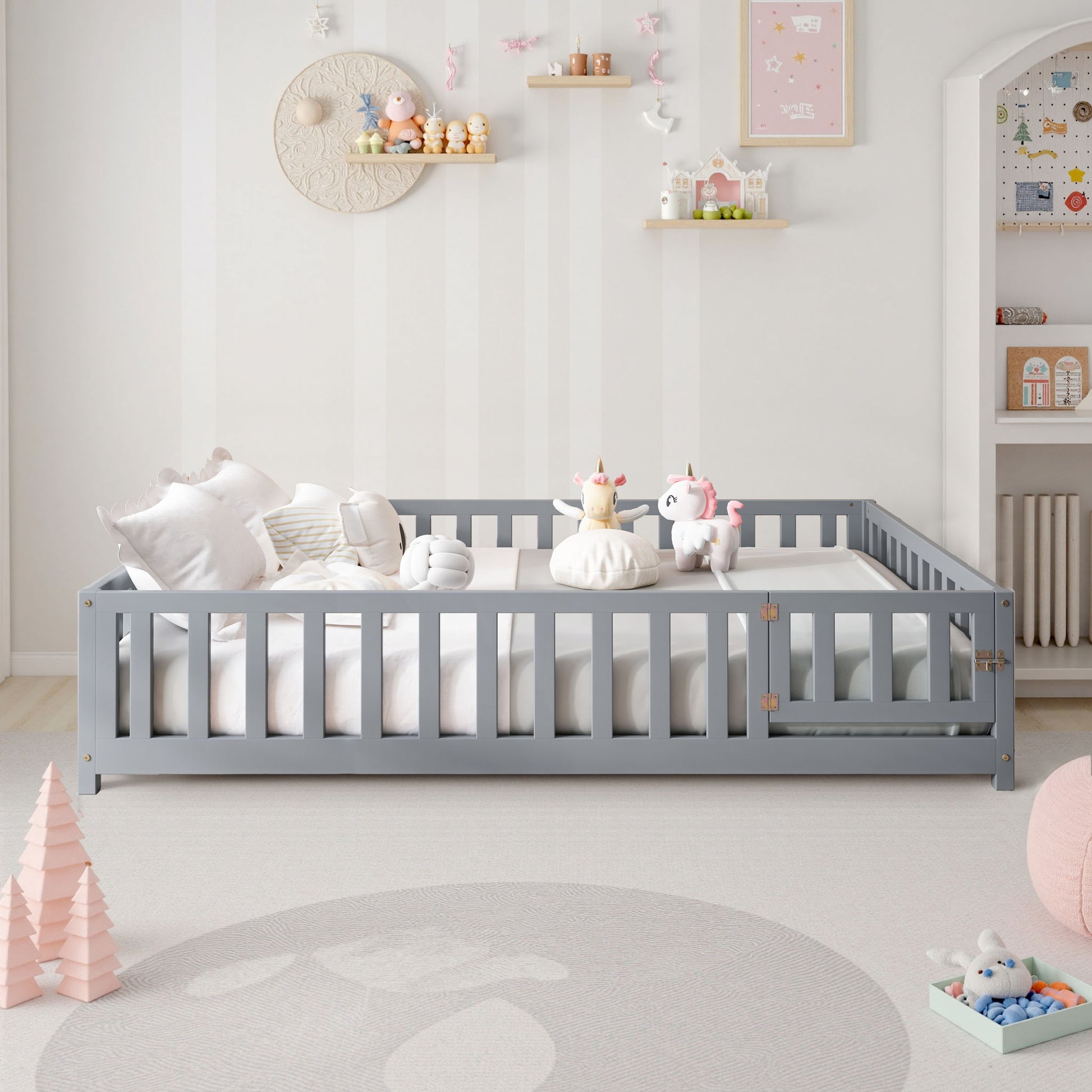 Montessori - Full Size Wooden Floor Platform Bed With Fence And Door, Montessori Floor Bed Frame With Support Slats For Toddlers - Gray