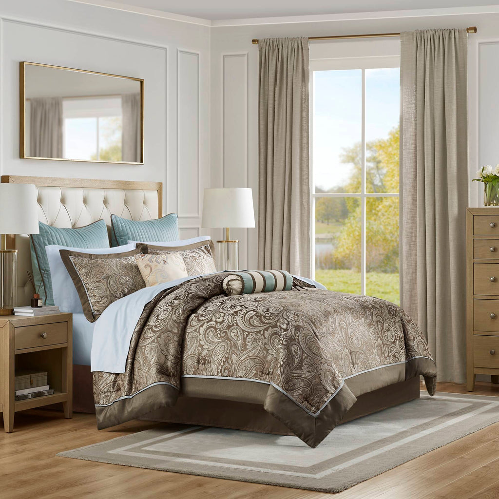 Aubrey - 12 Piece Complete Bed Set - Blue / Brown