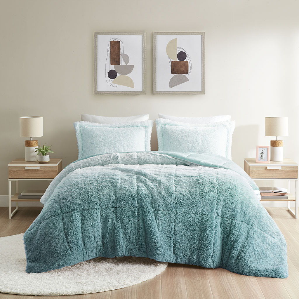 Brielle - Twin Ombre Shaggy Long Comforter Mini Set - Blue