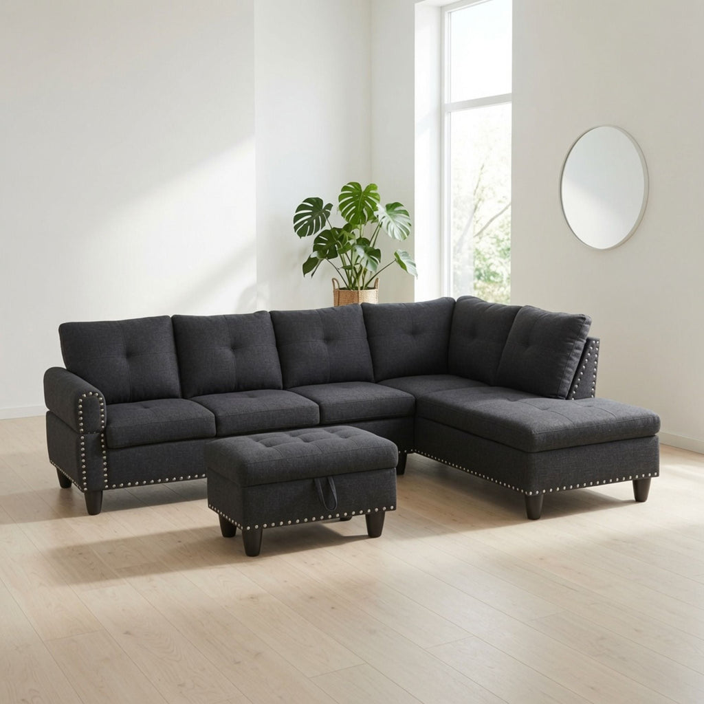 L - Shaped 3 Piece Sectional Sofa With Chaise, Storage Ottoman & Cup Holders