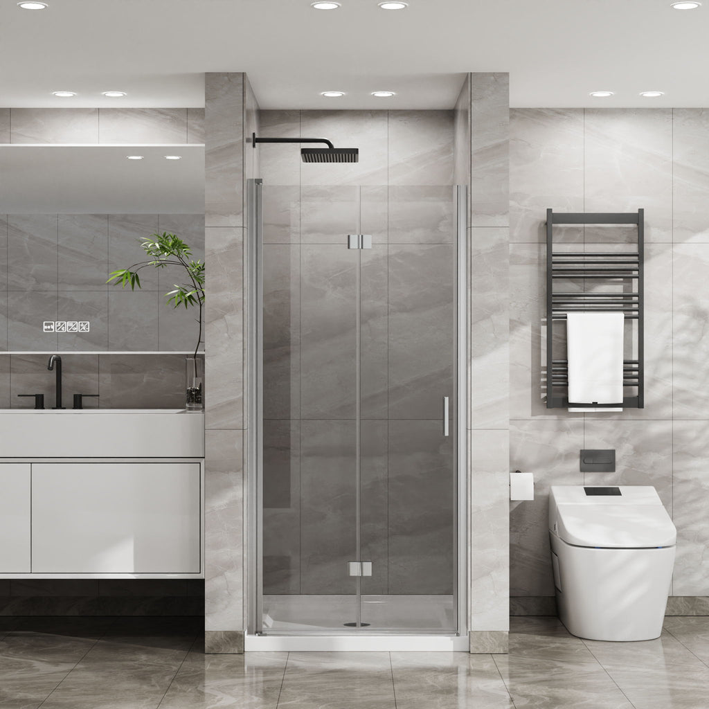 Bifold Frameless Glass Shower Door With Pivot Swing Panel, Tempered Clear Glass