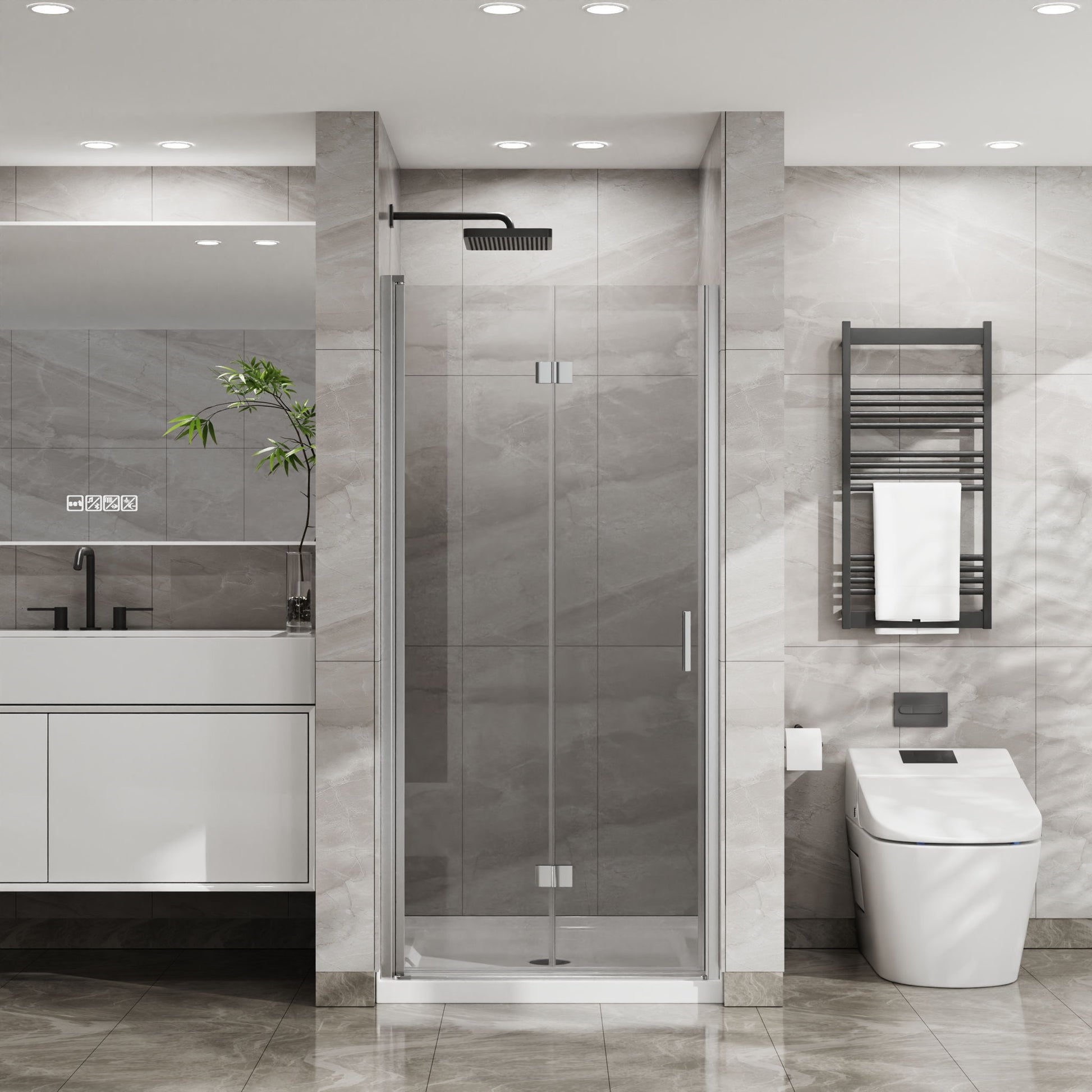 Bifold Frameless Glass Shower Door With Pivot Swing Panel, Tempered Clear Glass