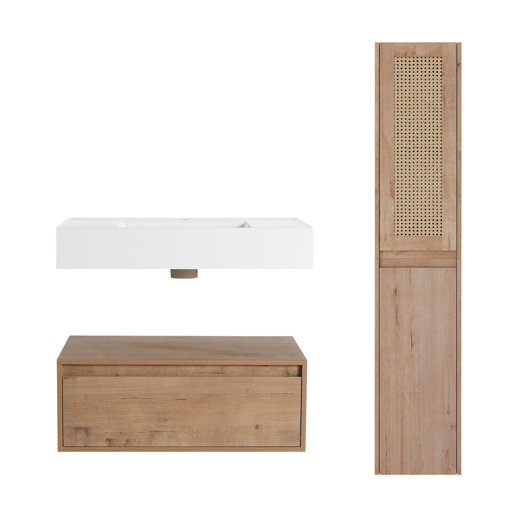 Contemporary Wall Mounted Bathroom Vanity With Resin Sink And 2 Side Cabinet - Imitative Oak