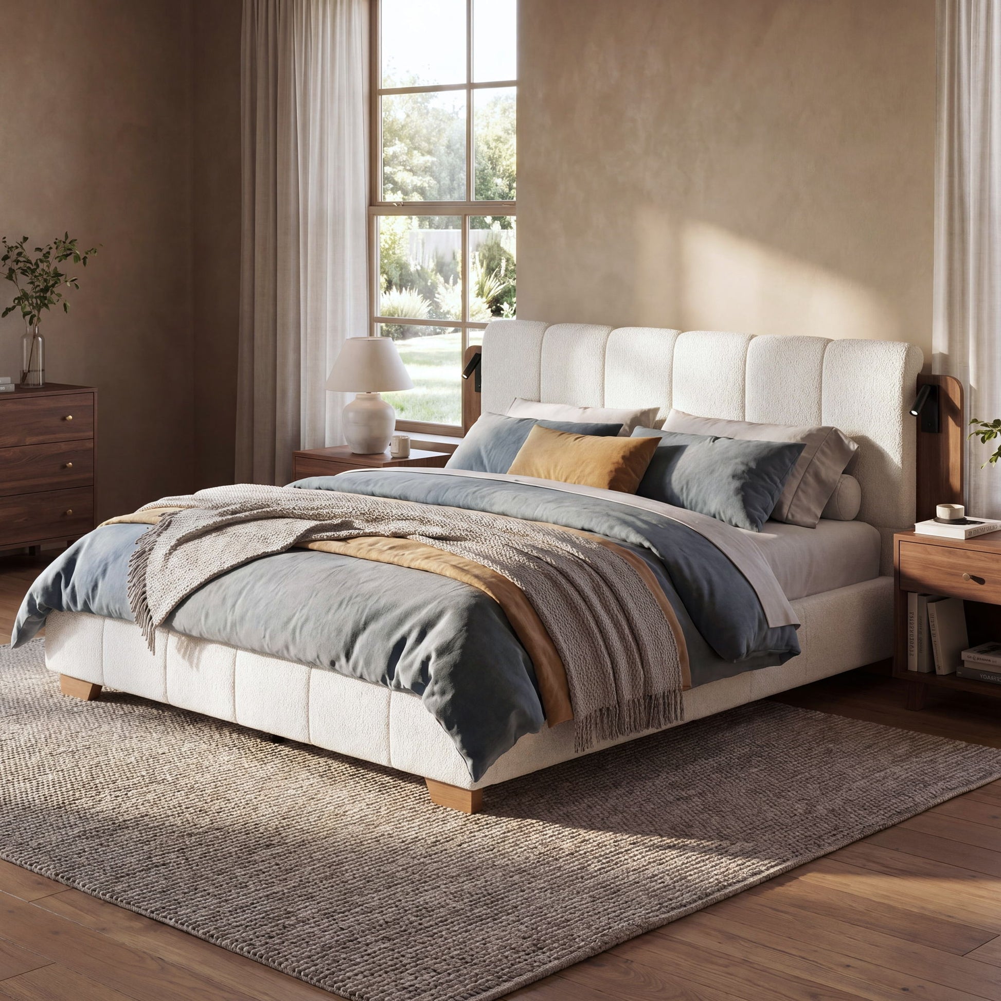 Modern Upholstered Platform Bed Frame With Built-In Reading Lights