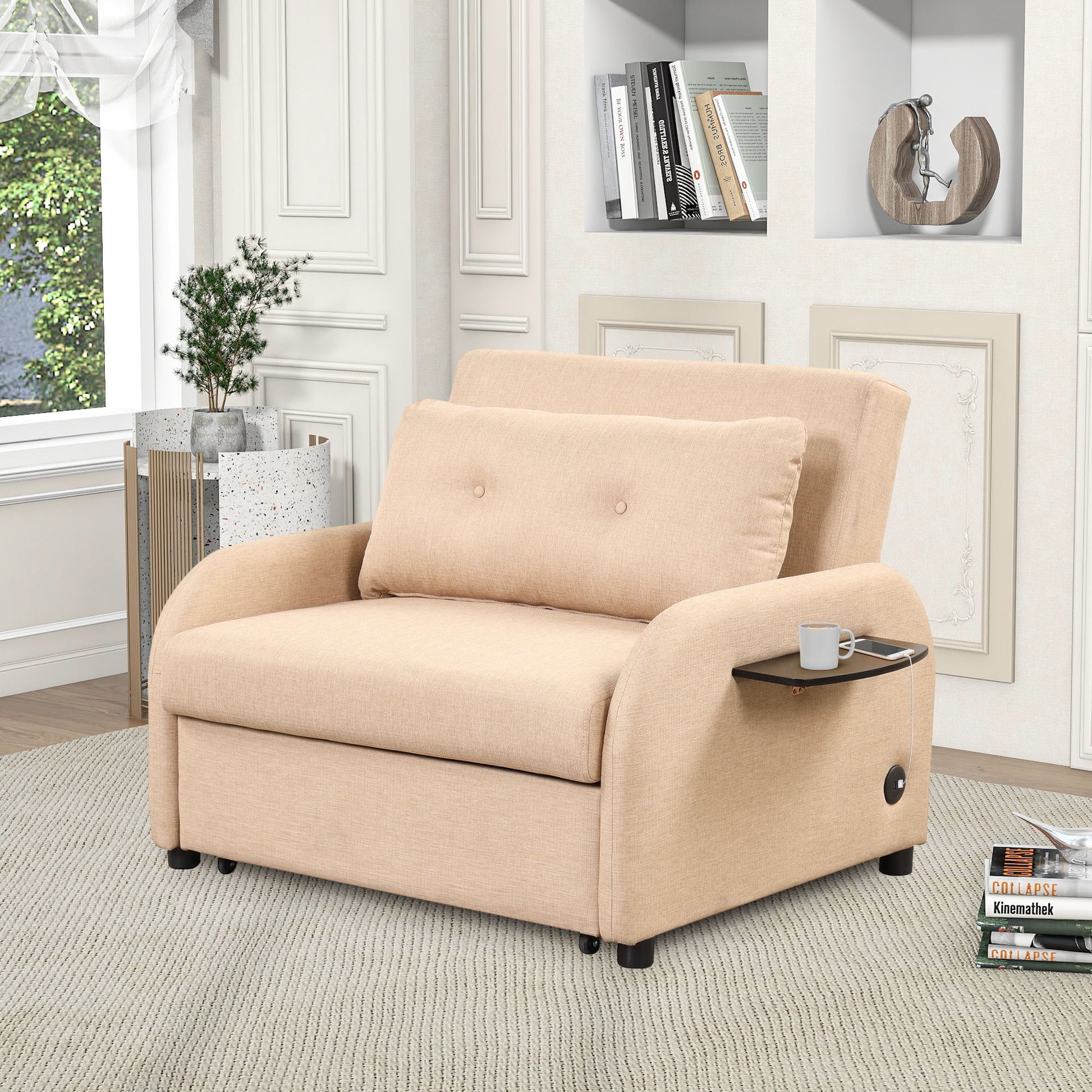 Versatile Pull Out Sofa Sleeper 3 In 1 With Wing Table & USB Charge, Compact Design