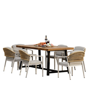 Outdoor Dining Set Acacia Wood Table With 6 Rattan Iron Chairs - Black / Natural / Gray