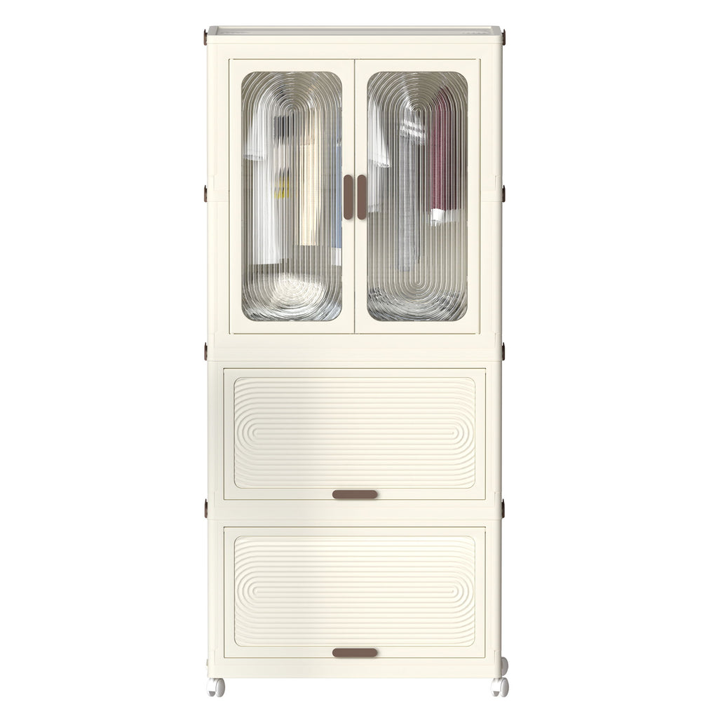 Portable Wardrobe Closet Storage Organizer With Magnetic Doors And Hanging Rod - Cream White
