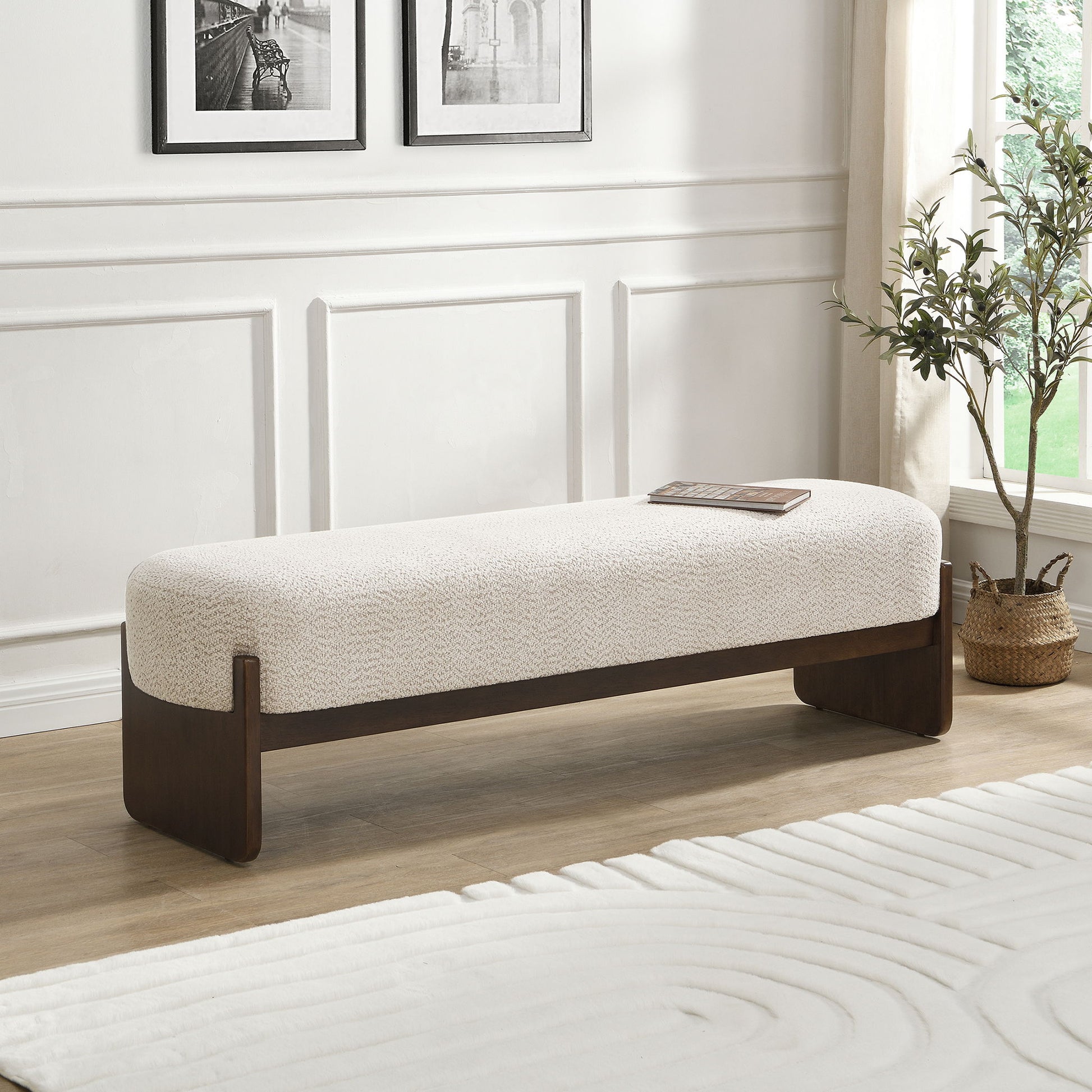 Ottoman With Upholstery, Rectangular Design - Beige / Brown