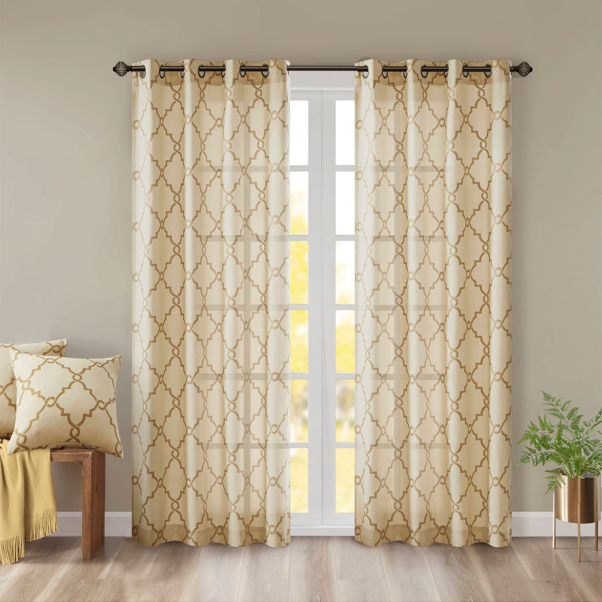 Saratoga - Fretwork Print Grommet Top Window Curtain - Beige / Gold