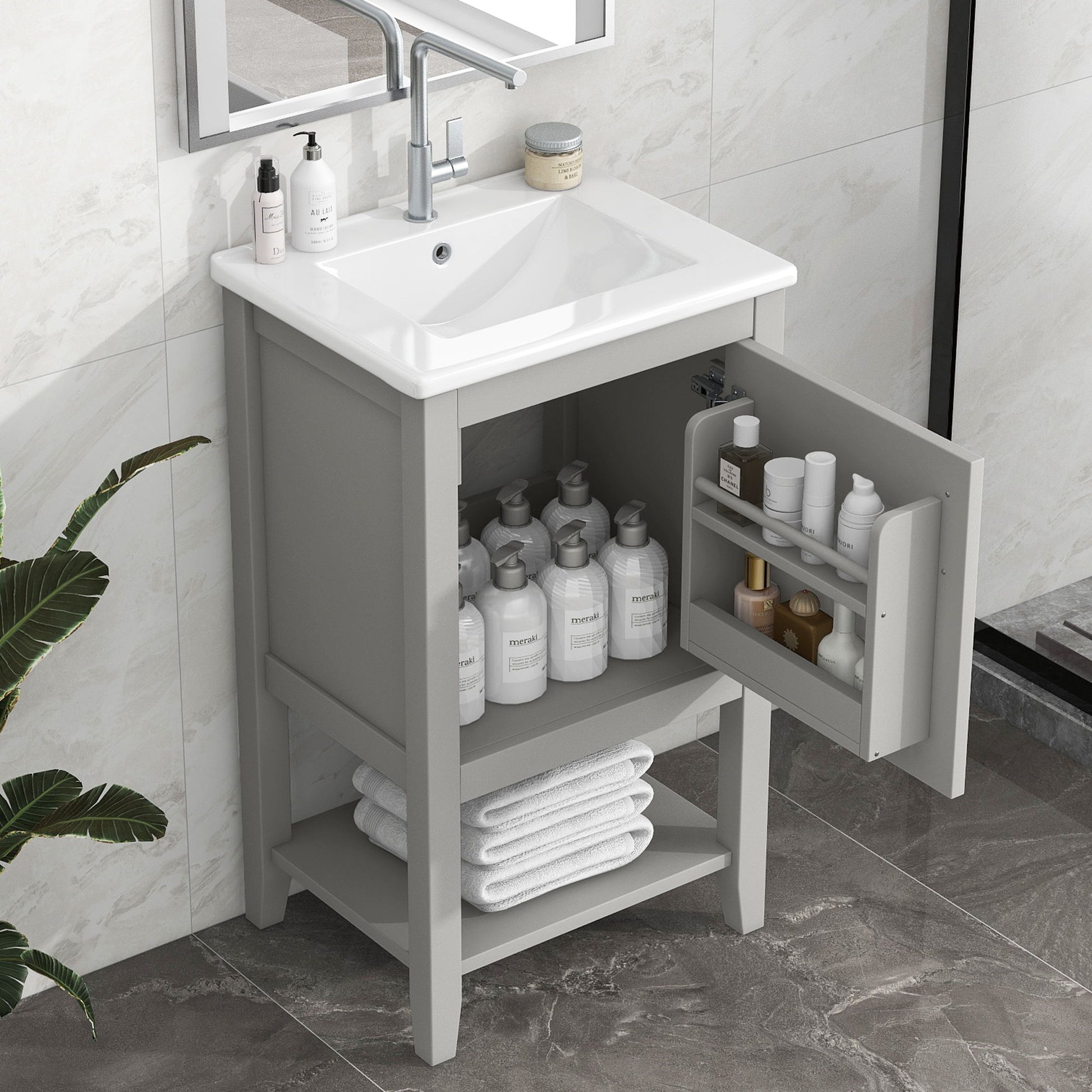 Modern Bathroom Vanity With Sink, Soft-Closing Door And Open Shelf