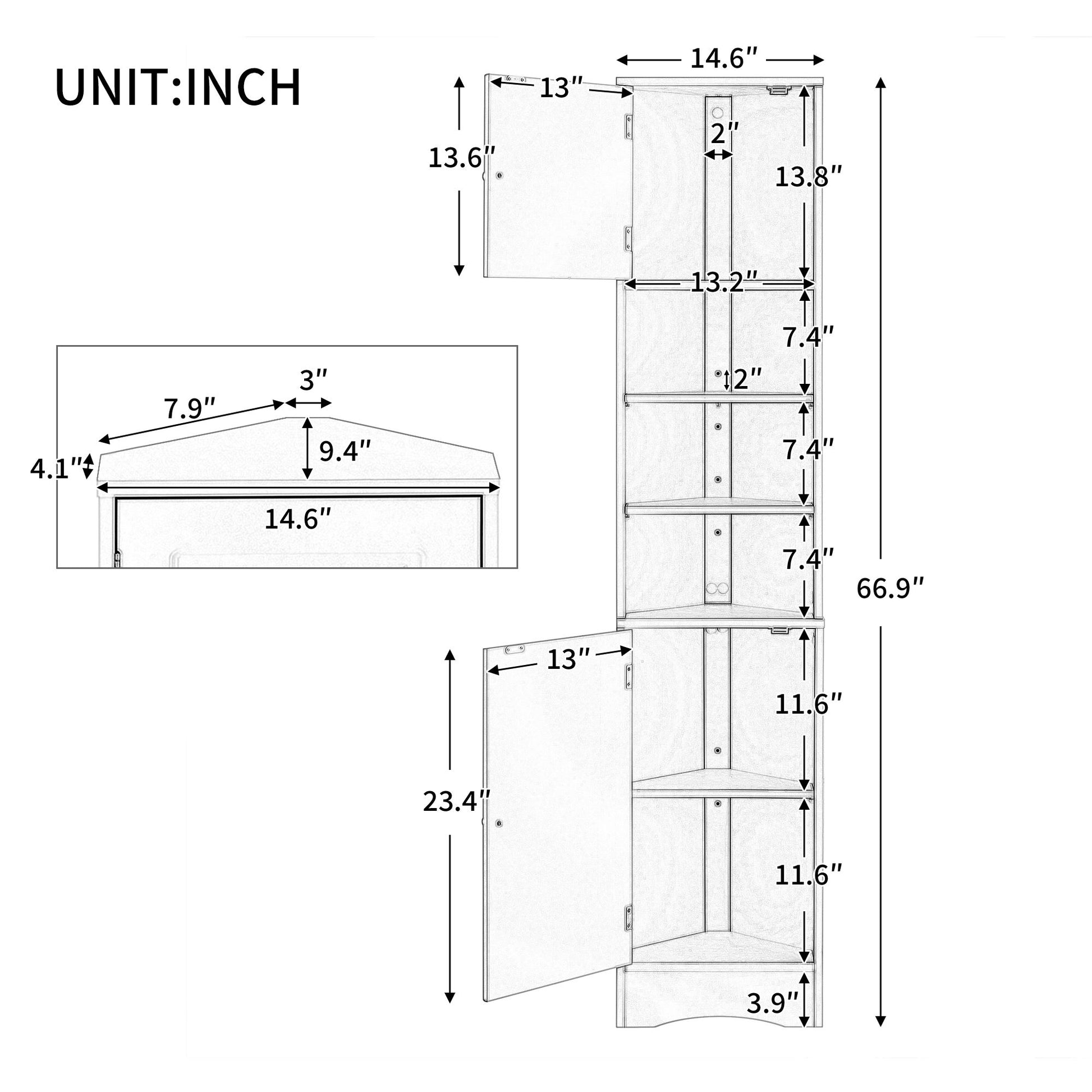 Multi Functional Corner Cabinet With Adjustable Shelves And 2 Doors