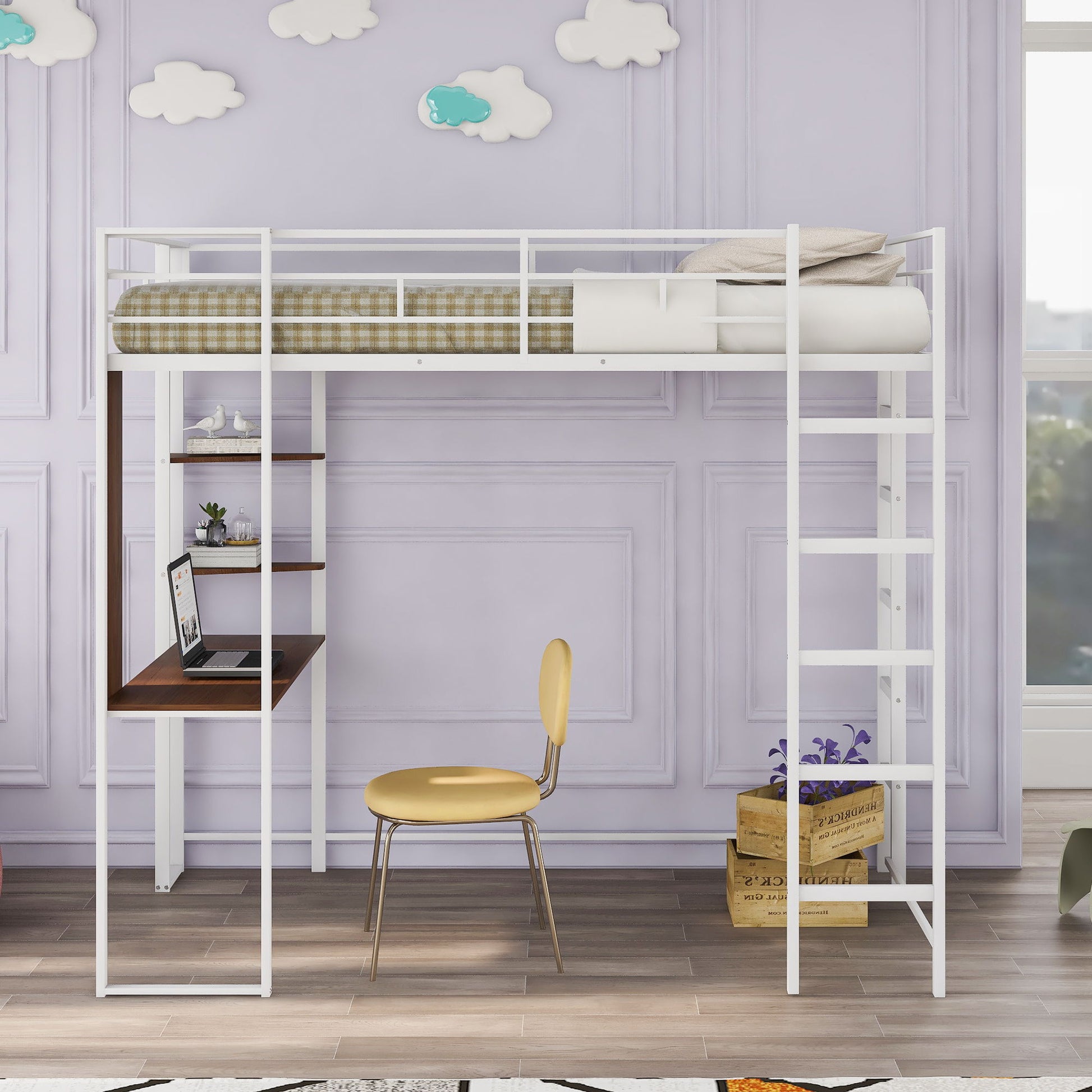 Hearth & Haven - Twin Metal Loft Bed With 2 Shelves And One Desk - White