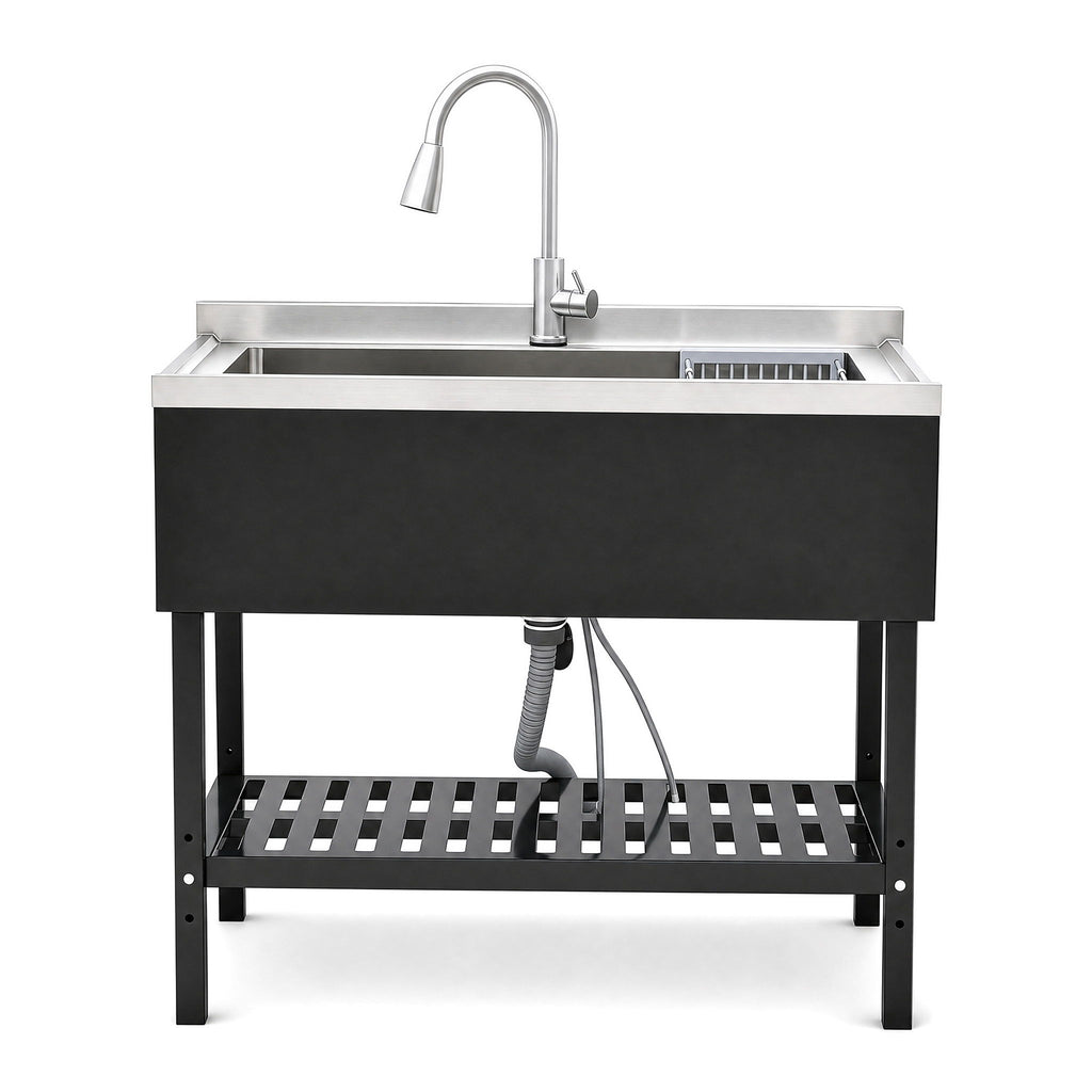 Freestanding Utility Sink With Pull Out Faucet And Large Storage Grille - Black / Silver
