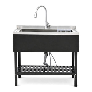 Freestanding Utility Sink With Pull Out Faucet And Large Storage Grille - Black / Silver